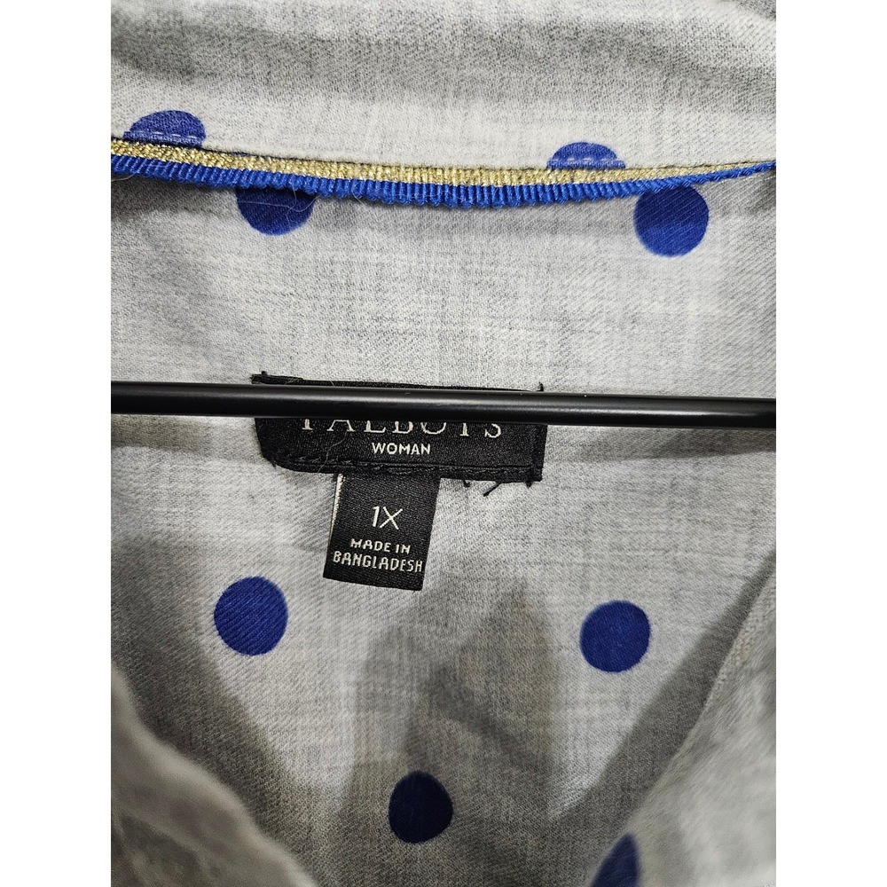 Talbots Woman Grey Blue Polka Dot Cotton Button Down Shirt Plus Size 1X BD2706‎